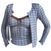 Gossip Goes Around Plaid Top + Cardigan Set