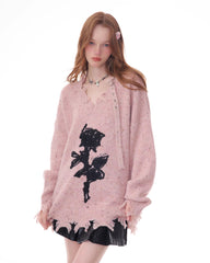 Distressed Rose Print Sweater