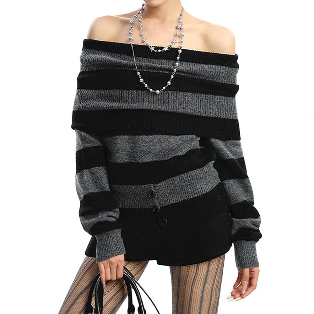 Black and Grey Off-Shoulder Knit Top