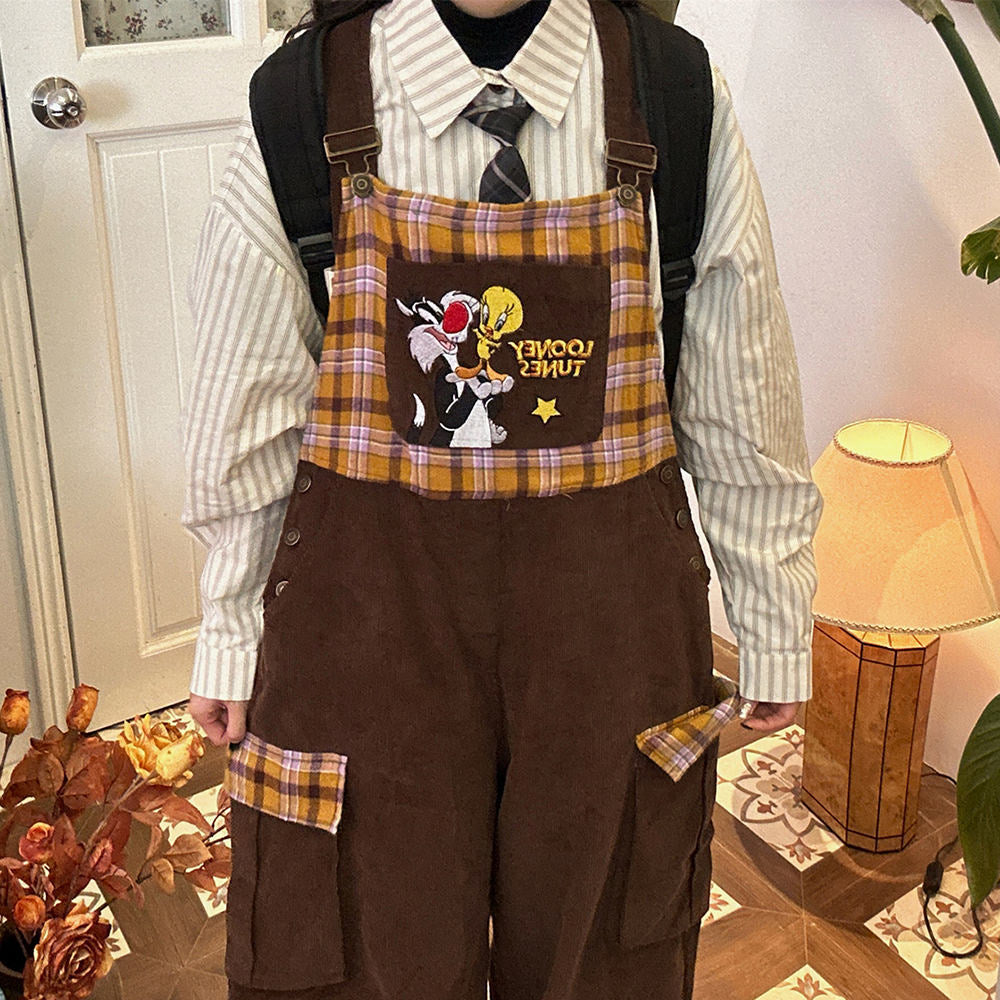 Brown Corduroy 90s Cartoon Dungarees