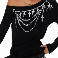 Cross Chain Print One-Shoulder Top