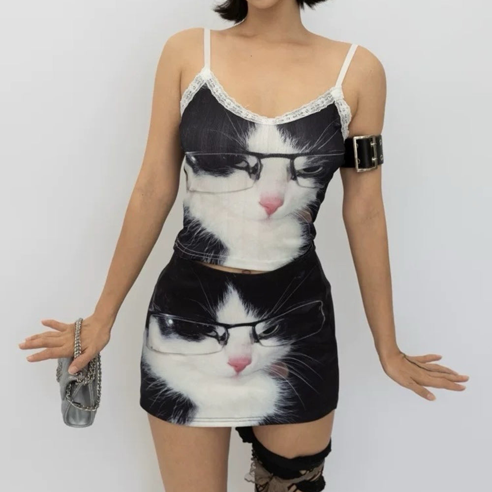 Glasses Cat Print Micro Skirt