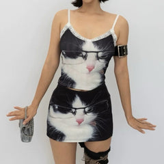 Glasses Cat Print Micro Skirt
