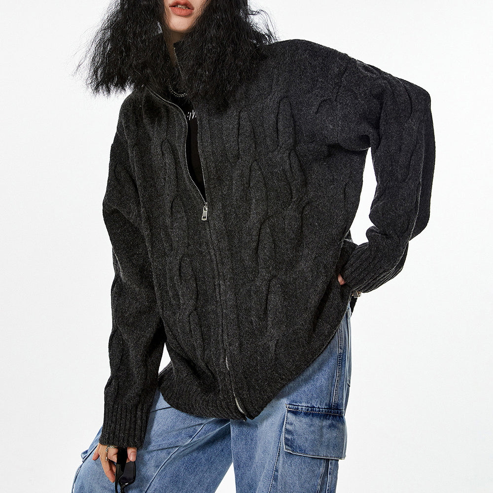 Grandpa Style Cable Knit Zip Jumper