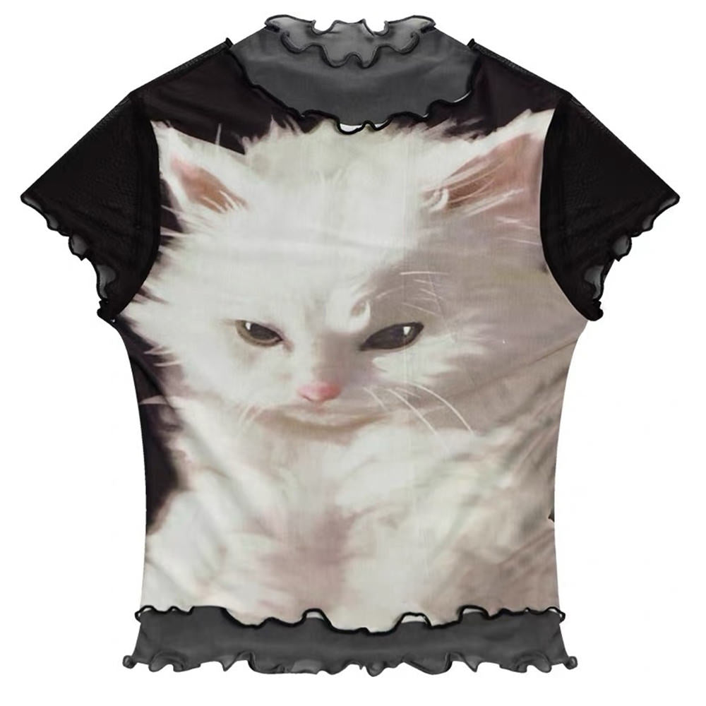 Moody Kitten Print Y2K Top