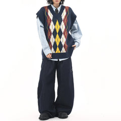 Oversized Argyle V-Neck Grandpa Knit Vest