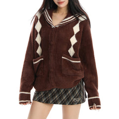 Preppy Plush Argyle Cardigan