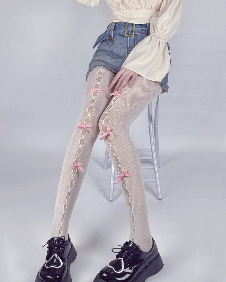 White & Pink Bow Tights